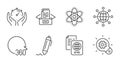 Passport document, Chemistry atom and Documents box icons set. Signature, 360 degrees and Timer signs. Vector