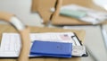 Passport and dollar bills lying on documents for obtaining american visa closeup Royalty Free Stock Photo