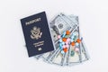 Passport, dollars and pills Royalty Free Stock Photo