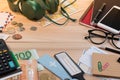 Passport, euro coin, euro banknote, headphones, passport, touristic map and traveler supplies on office wooden desk table.