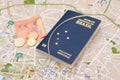 Brazilian passport, euros and map for travel abroad. Royalty Free Stock Photo