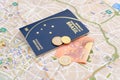 Brazilian passport, euros and map for travel abroad. Royalty Free Stock Photo