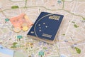 Brazilian passport, euros and map for travel abroad.