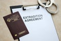 Passport of Iran and Extradition Agreement with handcuffs on table