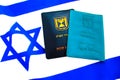Passport Israel on flag Israel.Two booklet covers of Israeli identity card on Flag of Israel.Passport of a citizen