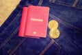 Passport in jeans and bitcoins, the concept of modern puies