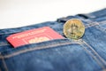 Passport in jeans and bitcoins, the concept of modern puies