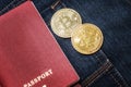 Passport in jeans and bitcoins, the concept of modern puies