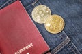 Passport in jeans and bitcoins, the concept of modern puies