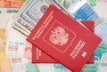 Passport with money dollar euro RUR Royalty Free Stock Photo