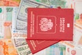 Passport with money dollar euro RUR Royalty Free Stock Photo
