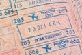 Passport page with the immigration control stamps of the Domodedovo and Vnukovo international airports in Moscow, Russia. Royalty Free Stock Photo