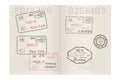 Passport pages with international stamps of USA, Germany, India and Canada cities. Arrival and departures with date Royalty Free Stock Photo