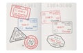 Passport pages with stamps of main USA cities. Arrival and departures with date Royalty Free Stock Photo