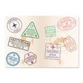 Passport pages with visa stamps. Document with airport sign for flying on airplane, travel. Vector.