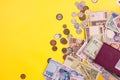 Passport with paper money and coins. Flatlay of vacation on a yellow background Royalty Free Stock Photo