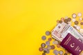 Passport with paper money and coins. Flatlay of vacation on a yellow background Royalty Free Stock Photo