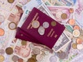 Passport with paper money and coins. Flatlay of vacation on a yellow background Royalty Free Stock Photo