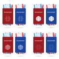 Passport red and blue with ticket different and globe