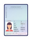 Passport. Sample data personal page, female international passport with photo. Identity biometric control document