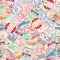 Passport stamp seamless pattern. International arrivals sign rubber, visa airport stamps and watermarks Royalty Free Stock Photo