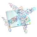 Passport stamps of different visa country in form of a airplane. Travel, tourism and immigration concept background Royalty Free Stock Photo