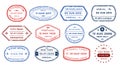 Passport stamps visa arrival deportation and visiting countries. Traveler set of stickers with aged ink outline textures Royalty Free Stock Photo