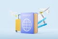Passport and suitcase with boarding pass, airplane flying Royalty Free Stock Photo
