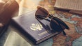 Passport with sunglasses and passport on a map background. travel concept on the map of Europe Royalty Free Stock Photo