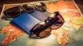 Passport with sunglasses and passport on a map background. travel concept on the map of Europe Royalty Free Stock Photo