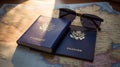 Passport with sunglasses and passport on a map background. travel concept on the map of Europe Royalty Free Stock Photo