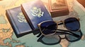 Passport with sunglasses and passport on a map background. travel concept on the map of Europe