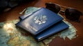 Passport with sunglasses and passport on a map background. travel concept on the map of Europe Royalty Free Stock Photo