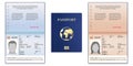 Passport template. International open passport with sample personal data page man and woman document for travel and