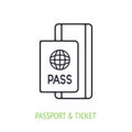 Passport with ticket. Outline icon. Identification document. Vector illustration. Symbol of summertime, travel and tourism.