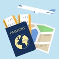 Passport With Tickets, Map And Airplane Concept For Travel Vector Illustration In Flat Style Royalty Free Stock Photo