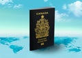 Canada Passport on world map with clouds in background