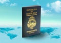 Costa Rica Passport on world map with clouds in background