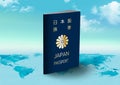 Japan Passport on world map with clouds in background