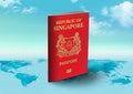 Singapore Passport on world map with clouds in background
