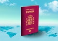 Spain Passport on world map with clouds in background