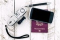 Passport vintage camera and smart phone