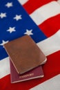 Passport and visa on an American flag Royalty Free Stock Photo