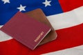 Passport and visa on an American flag Royalty Free Stock Photo