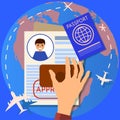 Passport or visa application. Travel immigration stamp. work permit. business and lifestyle Flat illustration,