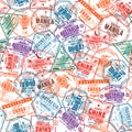 Passport visa stamps, seamless pattern. International and immigration office rubber stamps. Traveling and tourism Royalty Free Stock Photo