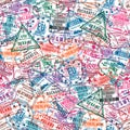 Passport visa stamps, seamless pattern. International and immigration office rubber stamps. Traveling concept