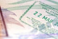 Passport Visa Stamps in Soft Focus Travel Background