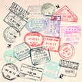 Passport Visas Stamps On Sepia Textured Vintage Travel Collage Background