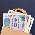 Japanese yen currency in a brown paper bag. Royalty Free Stock Photo